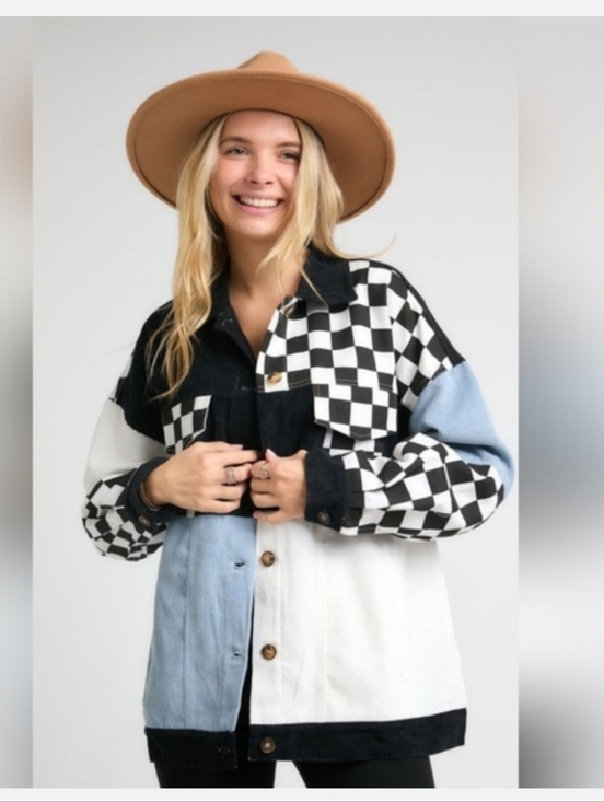 ADORA Jackets & Blazers - ADORA Checkerboard Colorblock Jean Jacket - Black, White & Light Blue Size Large